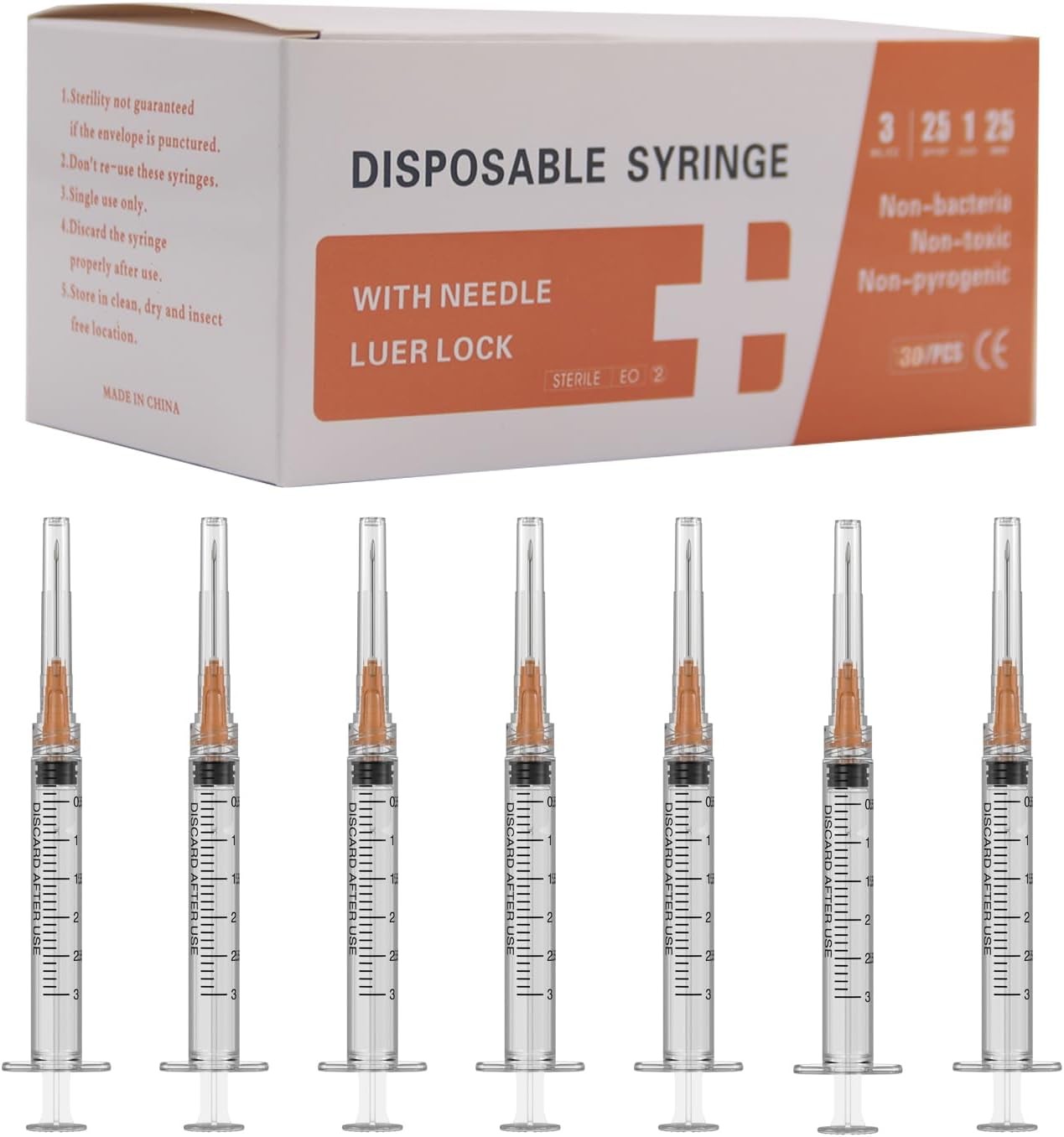 25 Gauge 1 inch Needle with Syringe(30 Pack), 3ml Luer Lock Syringes with Needle