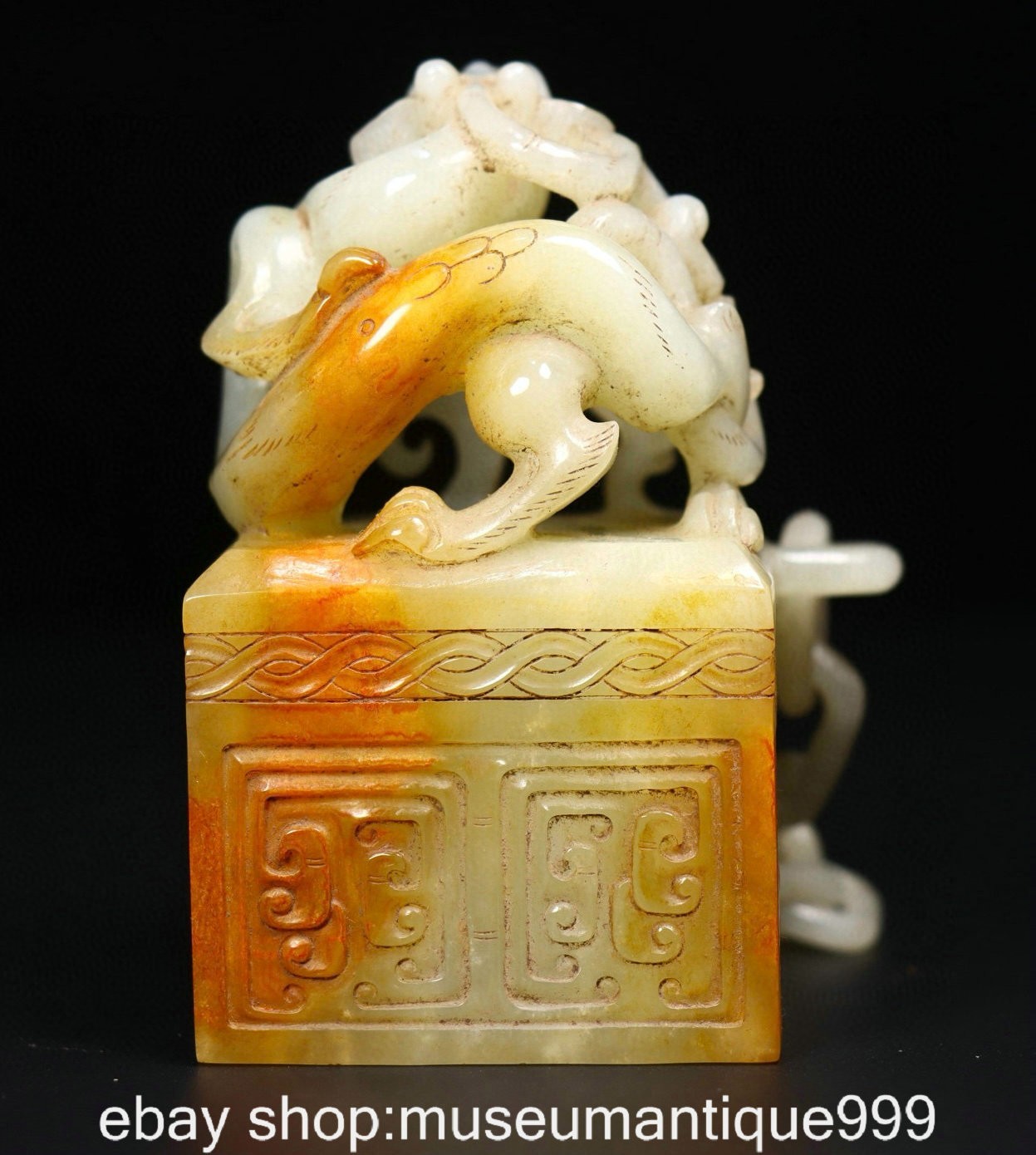 3.8" Old Chinese Hetian White Jade Carving Dragon Beast Seal Stamp Signet Set