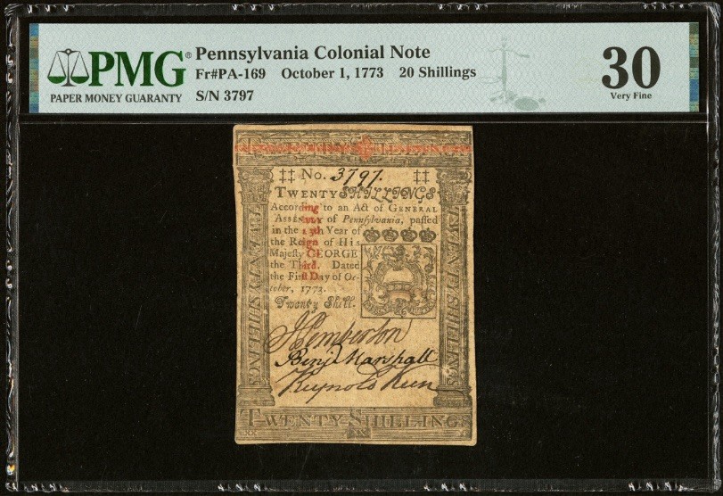 1773 PENNSYLVANIA American Revolution Colonial Currency Bank Note PA-169, PMG 30