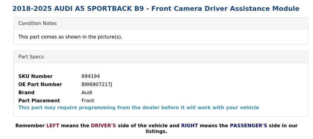 2018-2025 AUDI A5 SPORTBACK B9 - Front Camera Driver Assistance Module