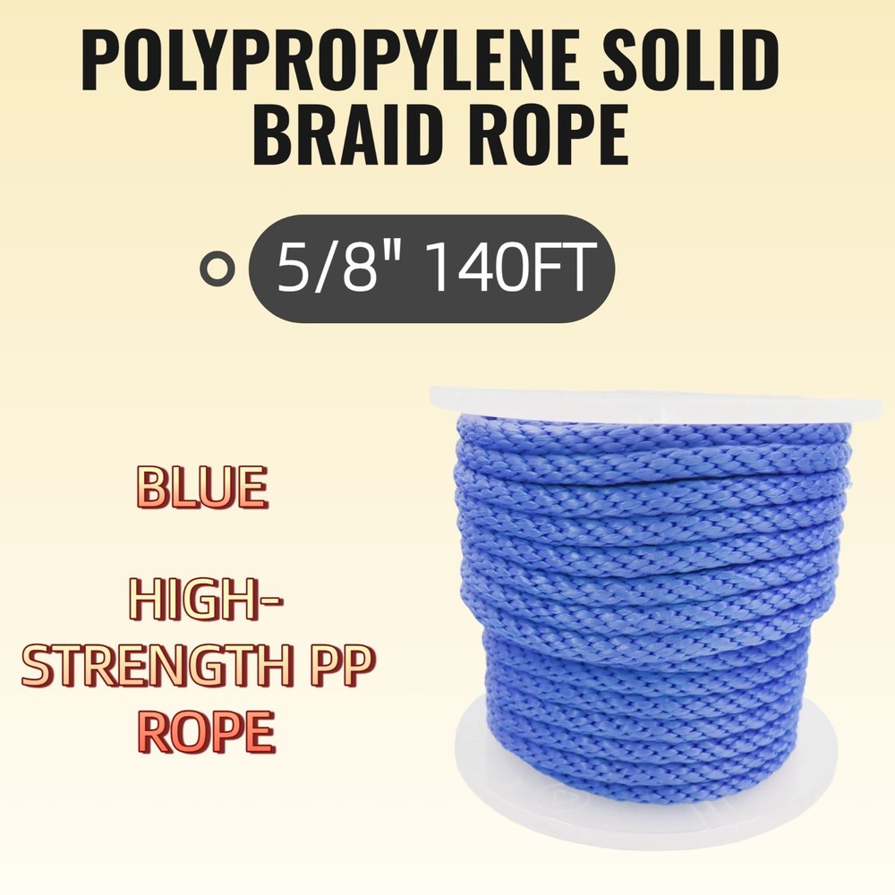 5/8'' 140FT Smooth Polypropylene Blue Solid Braid Rope