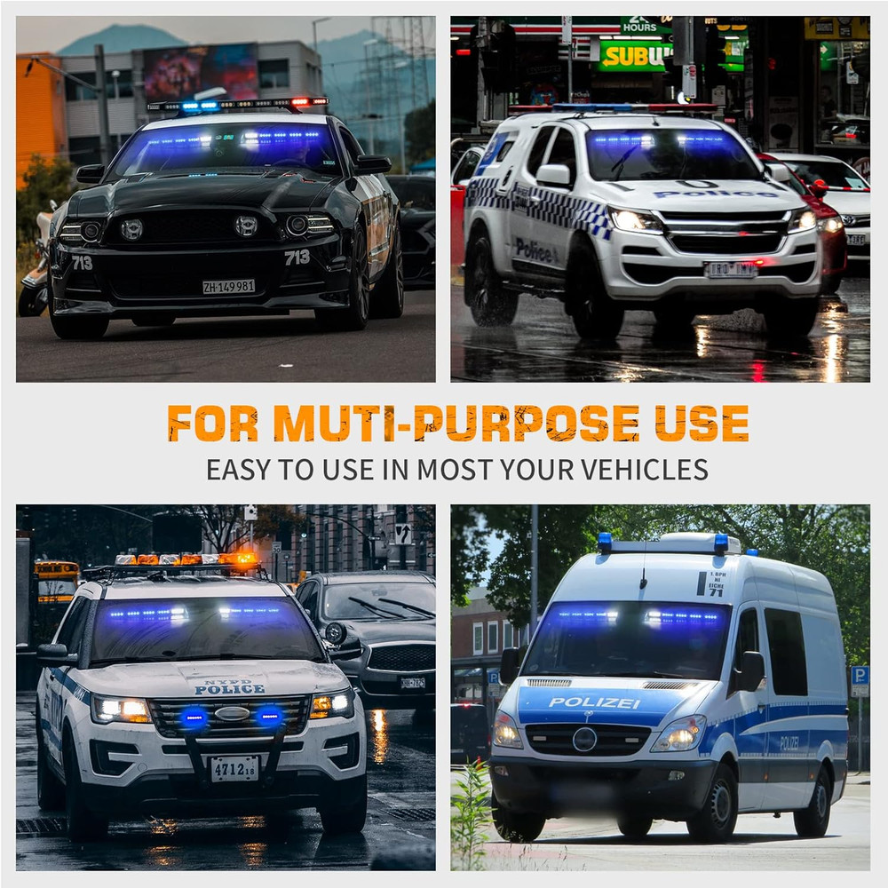 34 Inch Blue Emergency Visor Lights Bar Interior Front Windshield Strobe Lights