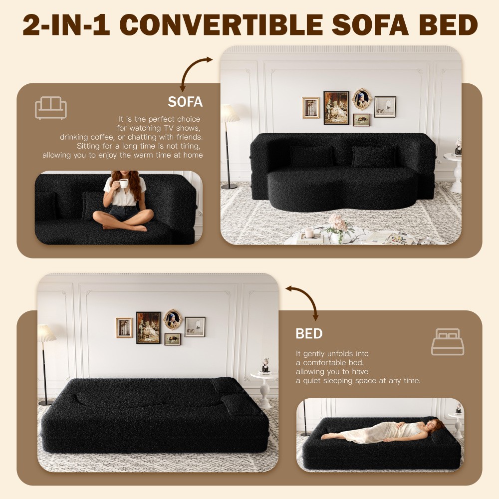 Full Size Convertible Sofa Bed Sleeper w/ 2 Pillows Black - No Assembly