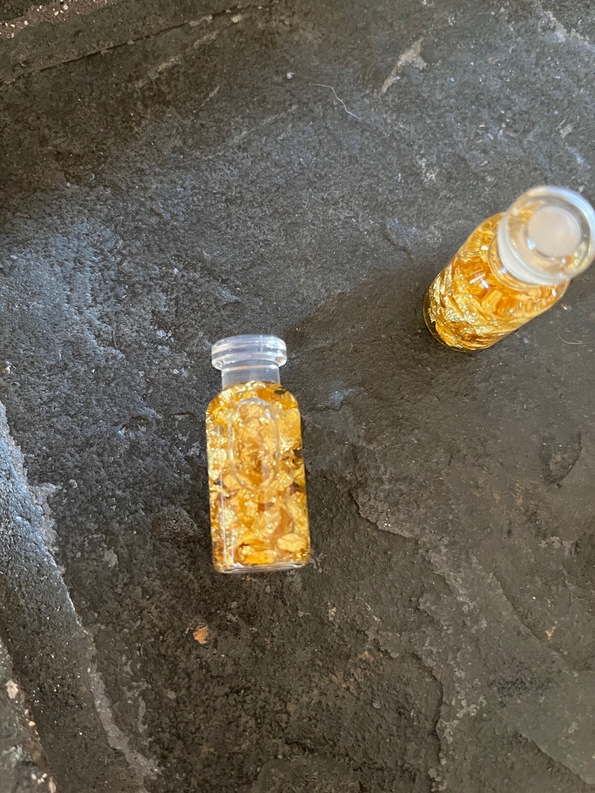 gold flakes in a bottle real gold pounded flat beautiful rich gold color 3 piece