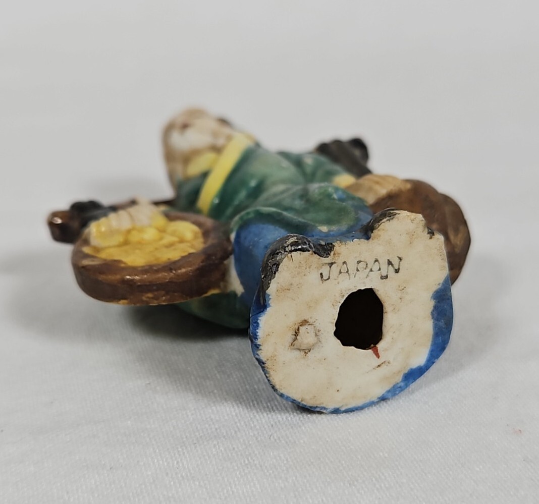 Vintage Japanese Miniature Figurine Yoke Bearing Man Coin Peach Peasant