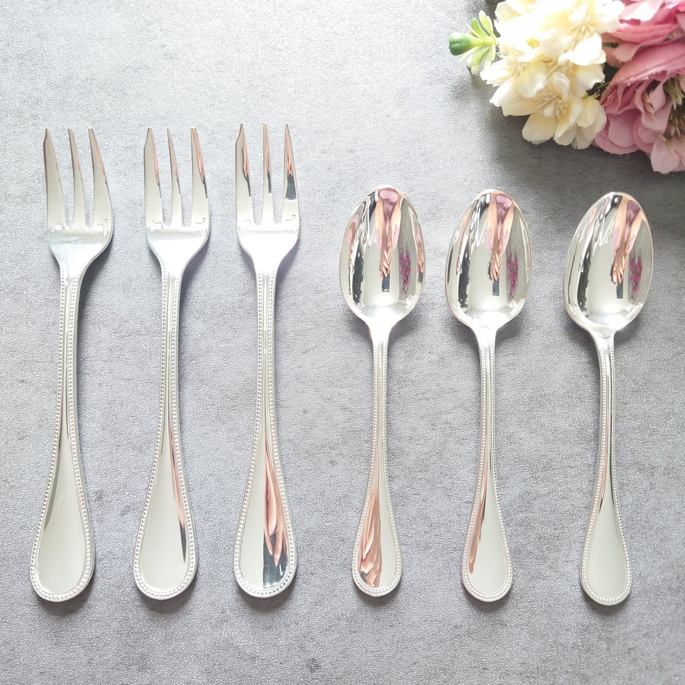 Christofle Perles 6pcs Silverplated Flatware Cake Fork Coffee Spoon Excellent ②