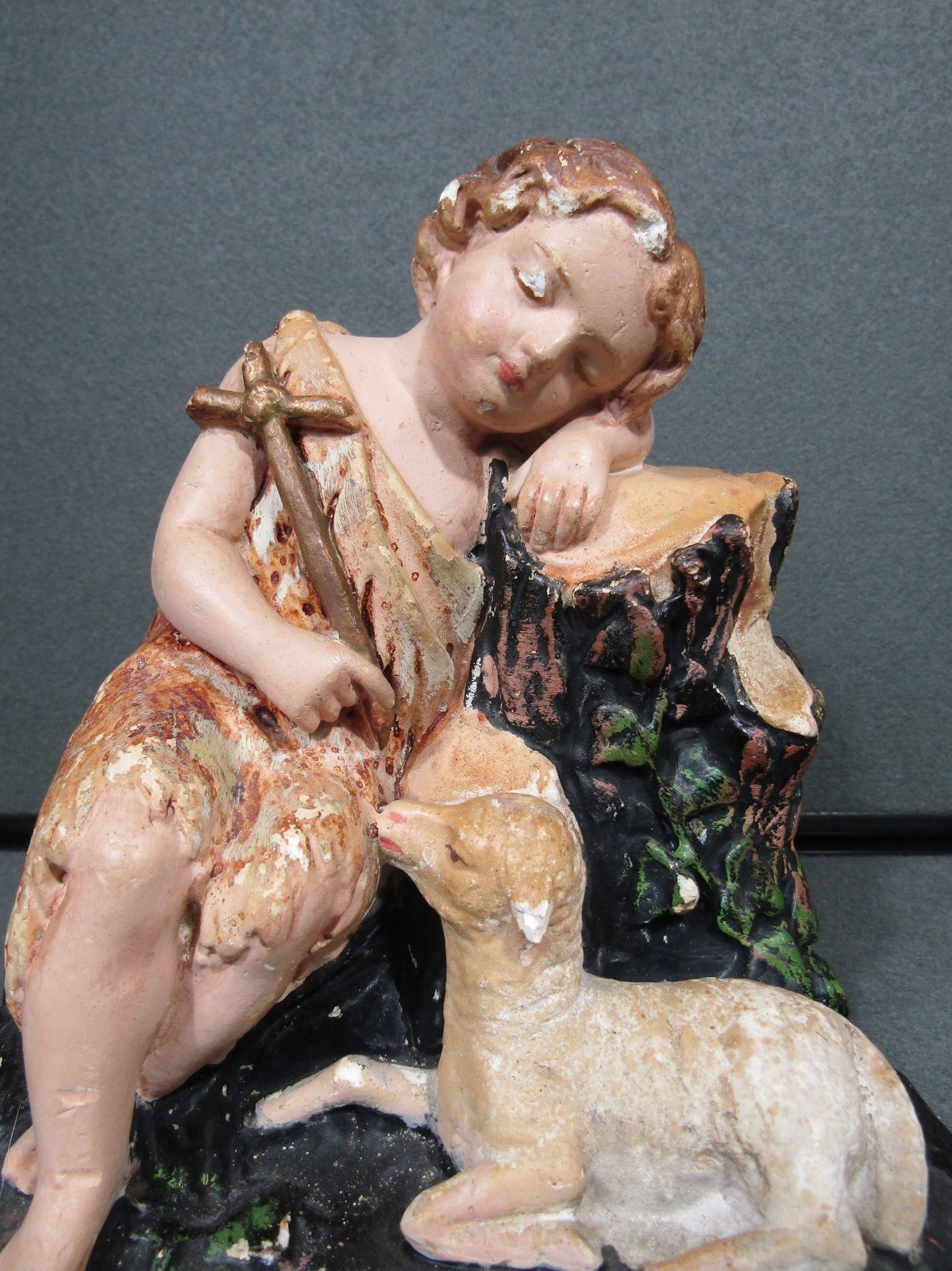 Antique Chalkware Baby St John the Baptist Lamb Cross Statue 7.5"