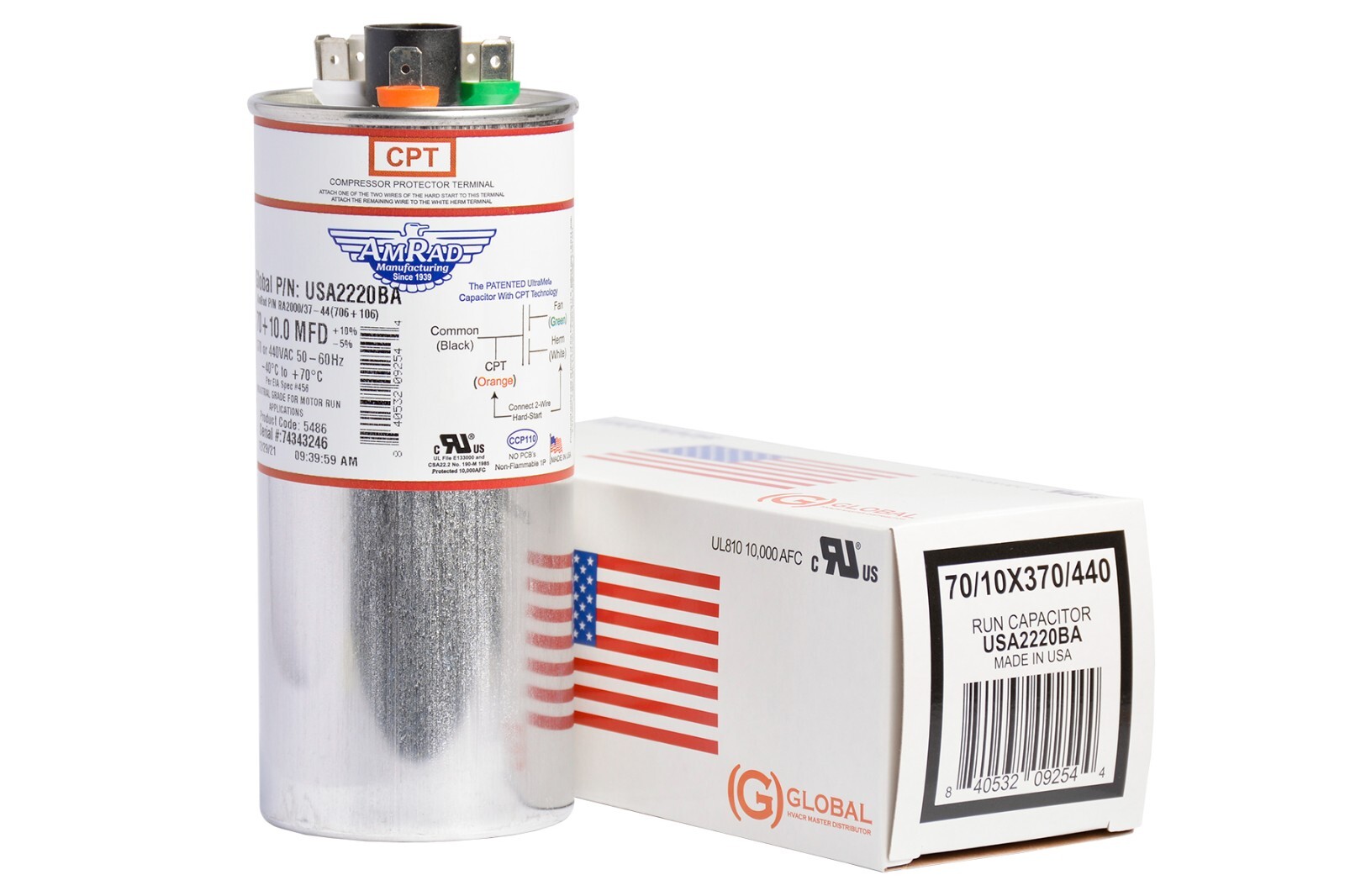 70+10 MFD x 370 / 440 VAC ROUND Run Capacitor AmRad USA2220BA - Made in the USA