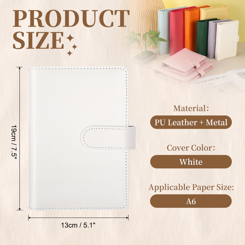 A6 PU Leather Binder Protector, 6 Ring Loose Leaf Notebook Shell, White