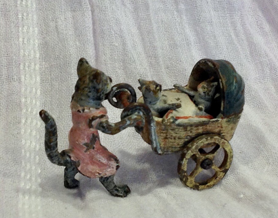 antique Austrian bronze kittens in buggy