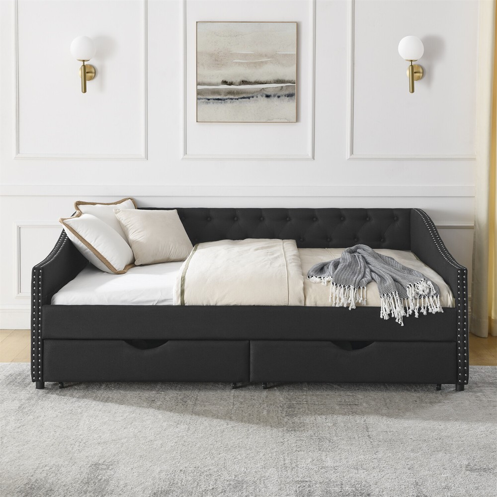 Full Size Daybed Upholstered Bed Frame Sofa Bed with 2 Storage Drawer US