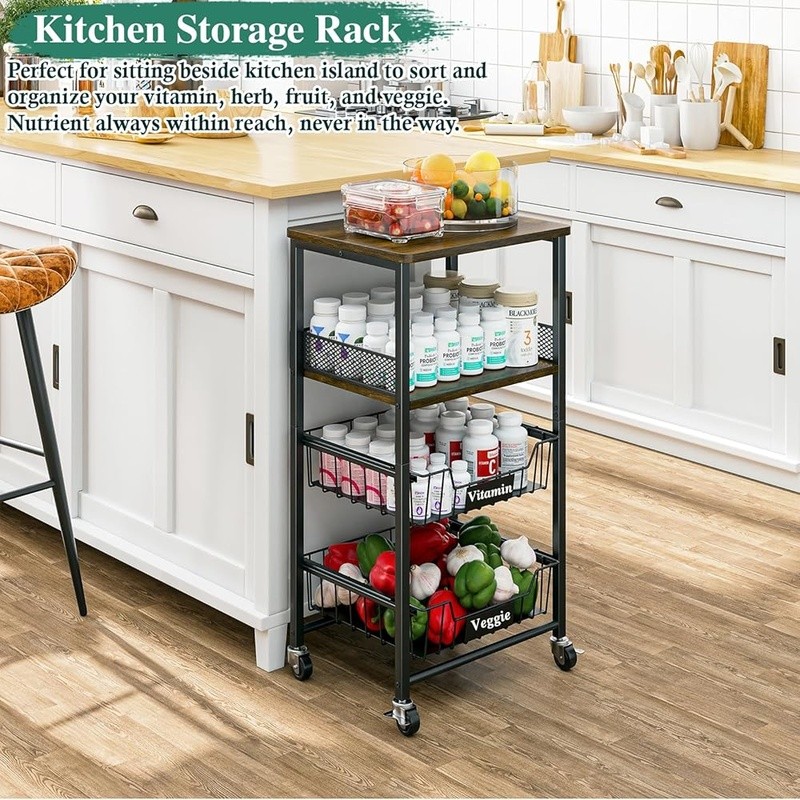 Rolling Kitchen Cart W/ Pull-Out Baskets Snack Organizer Fruit Storage