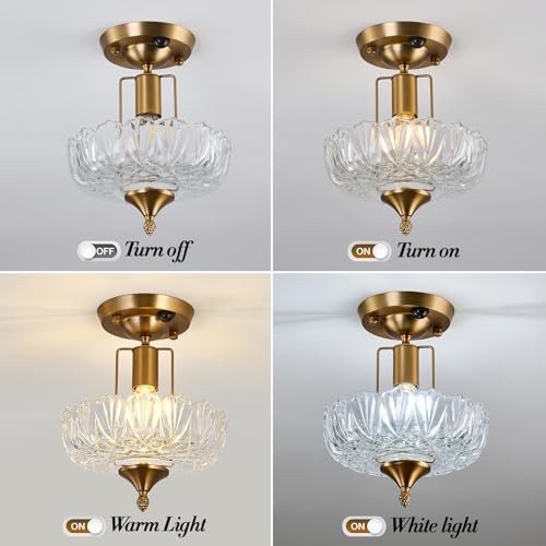 Motion Sensor Semi Flush Mount Ceiling Light Gold Hallway Light Fixture with