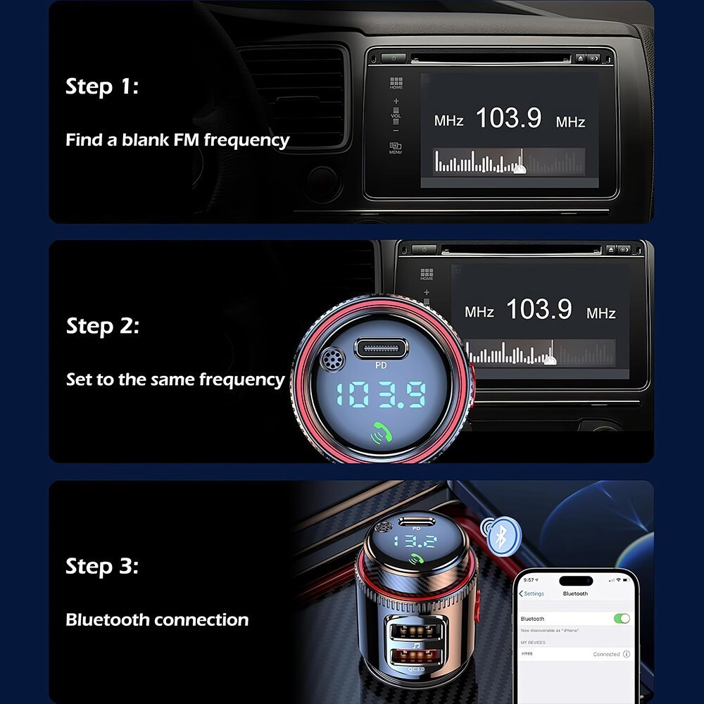 2-in-1 Wireless Bluetooth FM Transmitter & Fast Car Charger-QC3.0/PD,MP3 Player