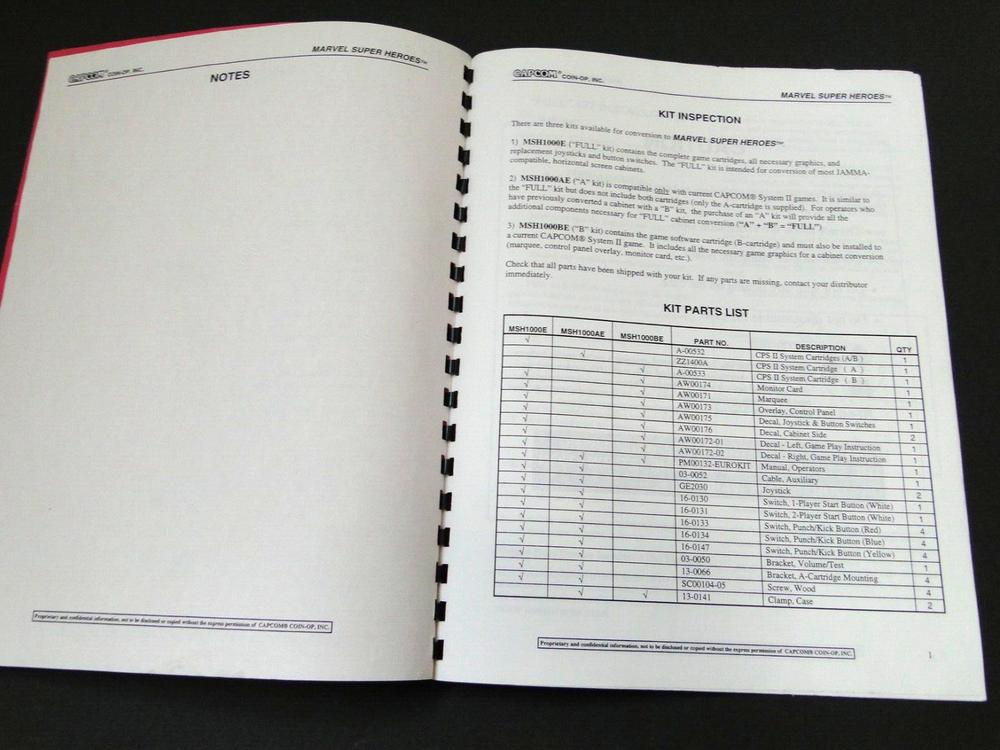 Vintage 1995 Capcom - Marvel Super Heroes Arcade Operators Manual