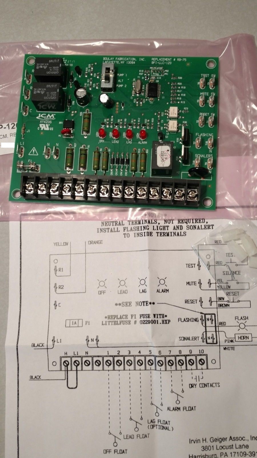 Duplex Pump Logic Control Board, Goulds RB-75,Boulay BFI-LLC-120, fits SES Panel