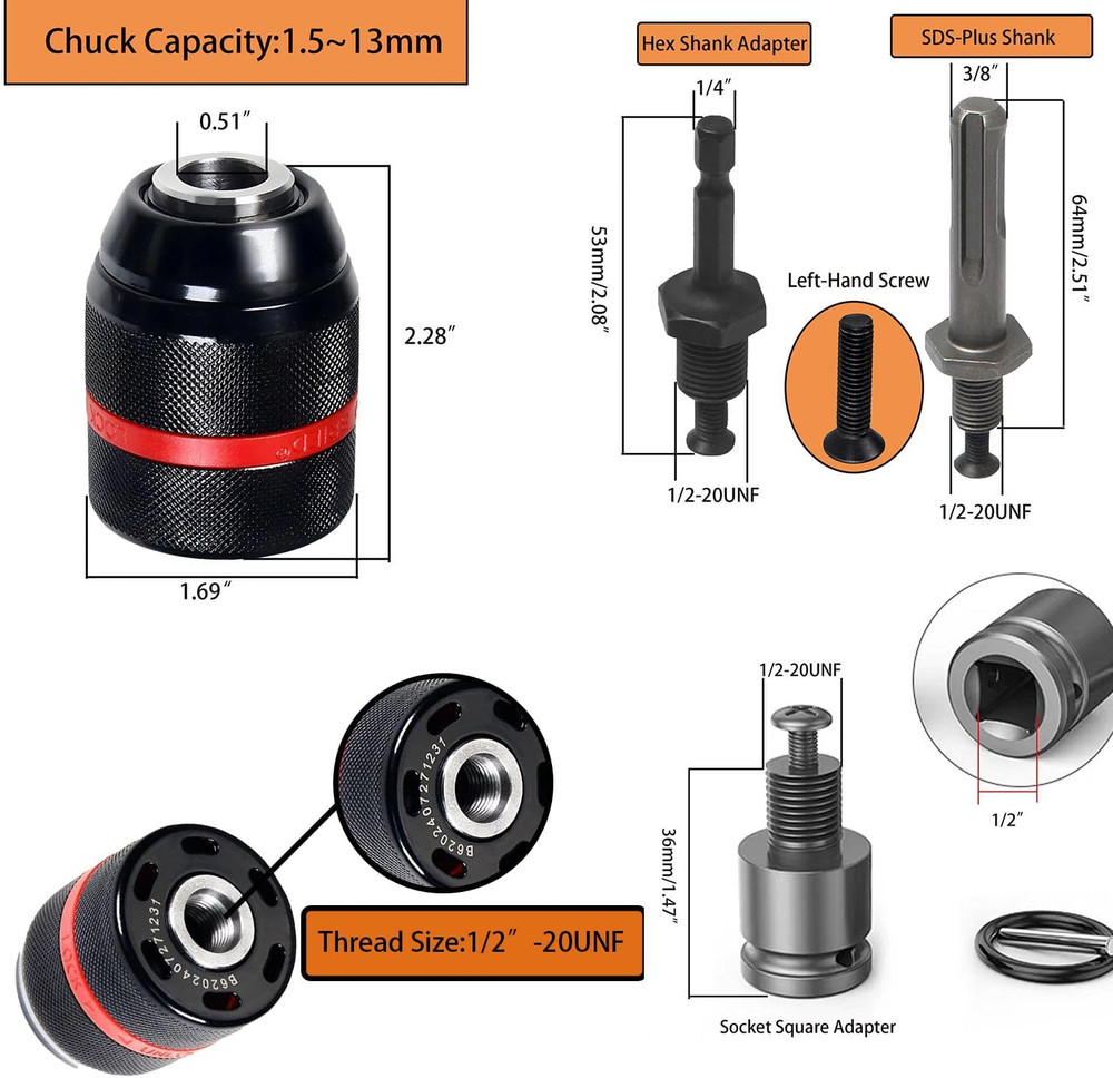 Multi - Function 1.5-13Mm Self-Tighten Keyless Drill Chuck with 1/2-20UNF Mount,