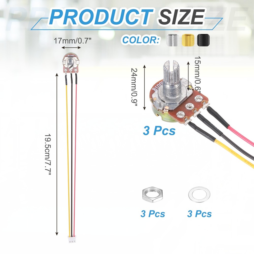 3Pcs WH-148 Potentiometer 3Pins B100K±20% Ohm Variable Resistor with 3 Knobs
