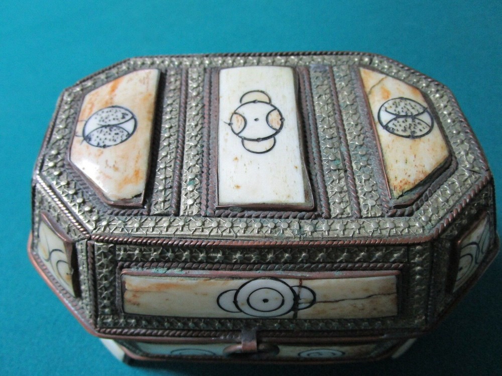 Middle Eastern antique camel bone brass handmade footed box leather original