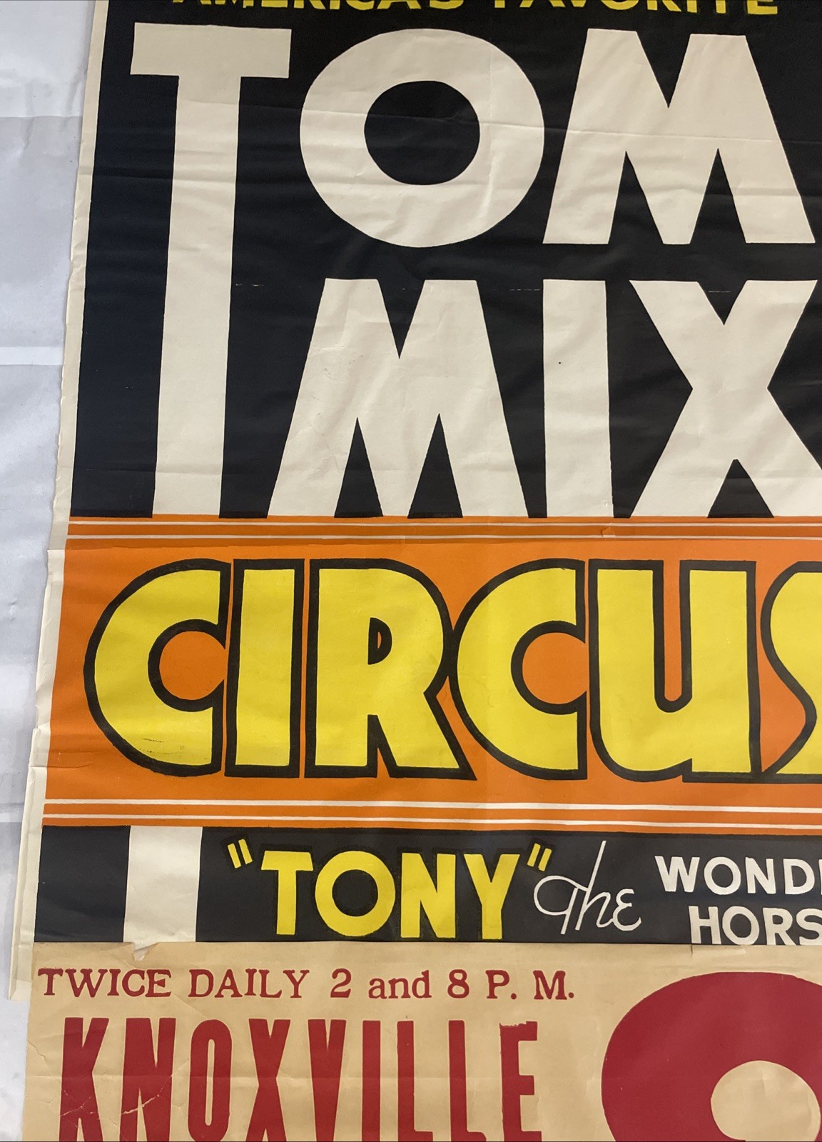Vintage 35.5x21 Inch Tom Mix Circus Poster “Tony” The Wonder Horse Knoxville Ten