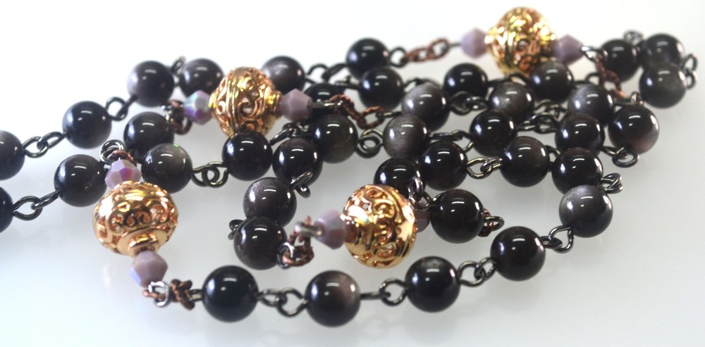 Our Lady of Solitude Rosary Black Obsidian Beads Mother Mary Centerpiece