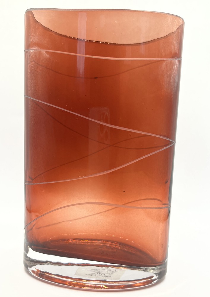 Ruby Red Etched Glass Horizontal Lines Clear Base FTD 7” Oval Top  Vase