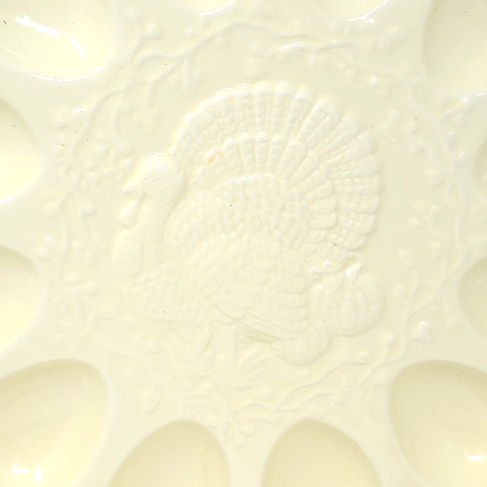 Hallmark Round Ceramic Deviled Egg Plate Platter Dish Turkey Thanksgiving