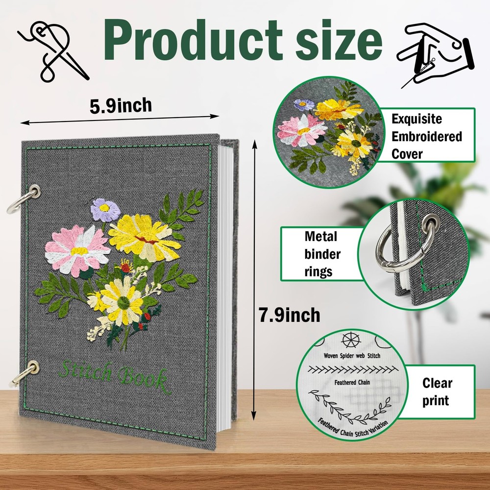 Beginner Embroidery Stitch Book Kit w/ Tools 6x8 Practice Patterns DIY Gift