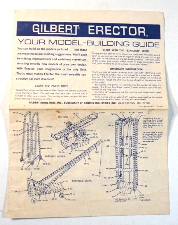 Gilbert Erector 3 Page Foldout Sheet Your Model Building Guide