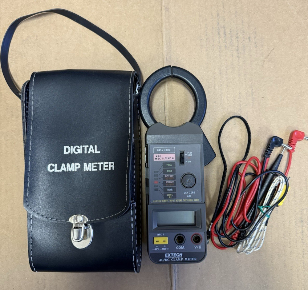EXTECH Digital 400A AC/DC Clamp Meter with Leather Bag, Operation Manual & Cable