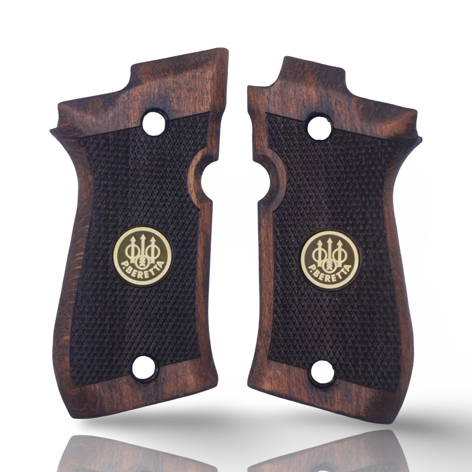 ZIB Grips Beretta 81/84 BB & Fatih 13 Brown Beech Wood Checkered Gold Medallion