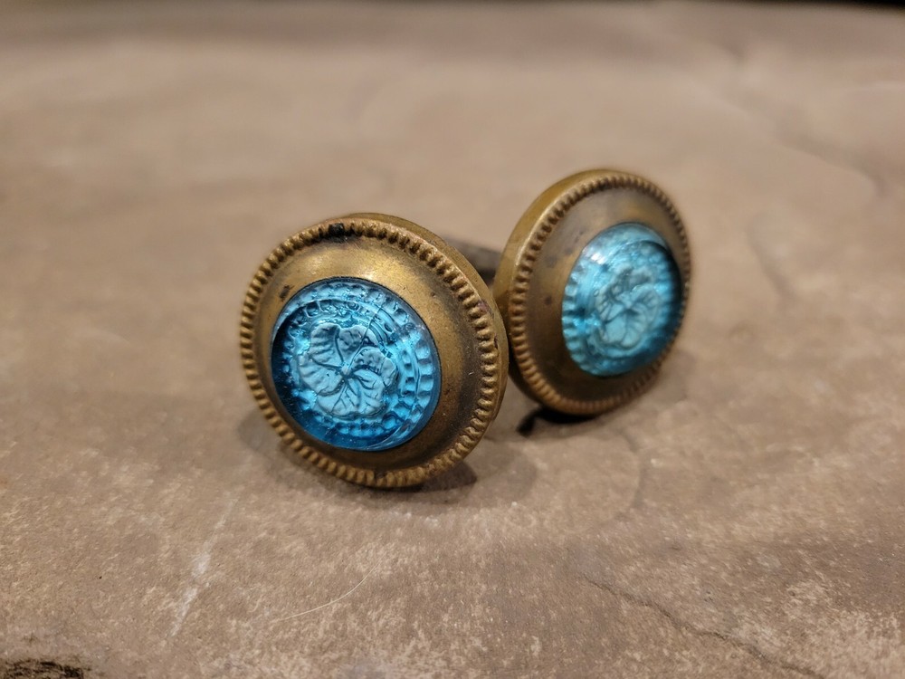 2 Brass decorative inlaid blue drawer pulls decorative knobs screws 2 1/4 long