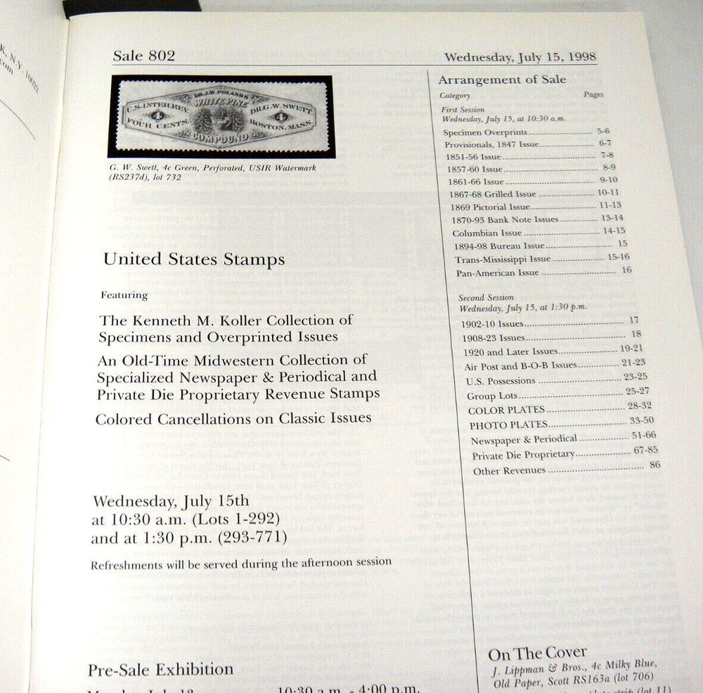 Siegel Stamp Auction Catalog w Prices Realized Specimens Overprints Revenue 1998