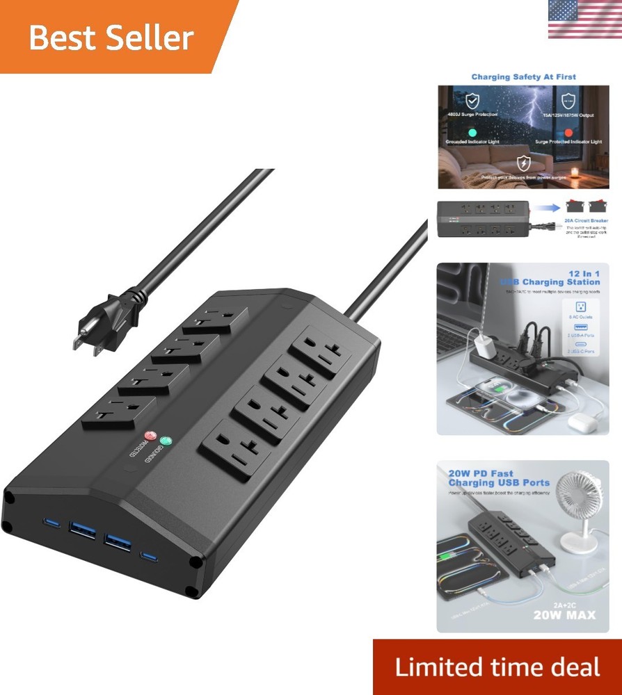 Wall Mount Surge Protector with 8 Outlets, 4 USB - Reliable & Ergonomic Design