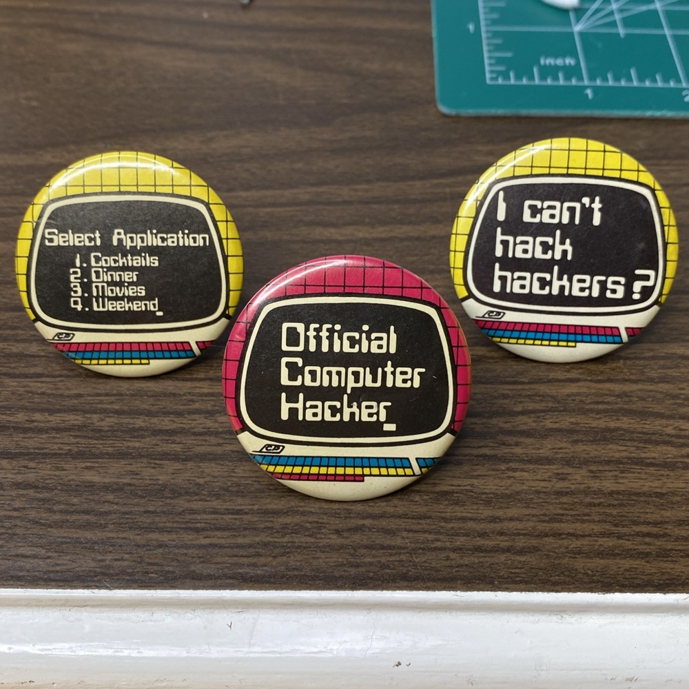 3 Vintage IT Tech Computer Engineering Pinback Buttons Centennia Computer Humor