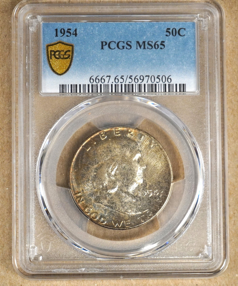 1954 FRANKLIN HALF DOLLAR PCGS MS65 970506 - UNIQUE TONING