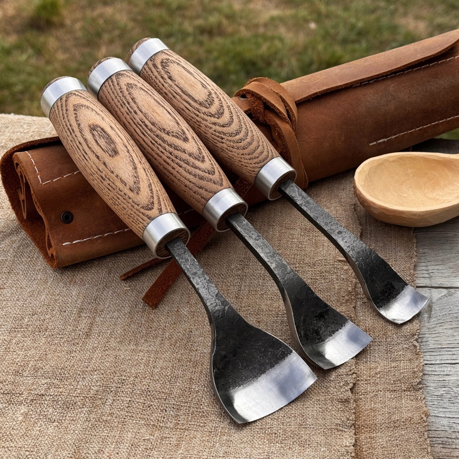 Set of 3 - 0.8, 1.2, 1.6'' Spoon Carving Gouges Hand-Forged Tool Bowls, Kuksas