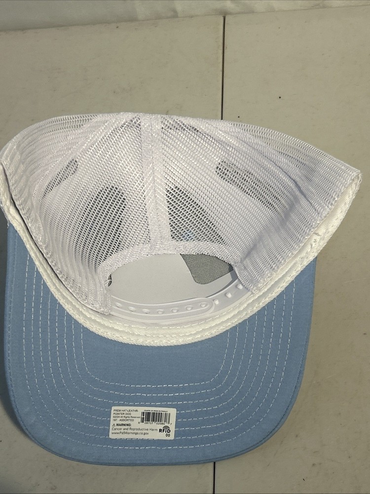 NEW Dover Bluff Hat Co Trucker Baseball Leather Cap Pointer Dog Blue Snapback