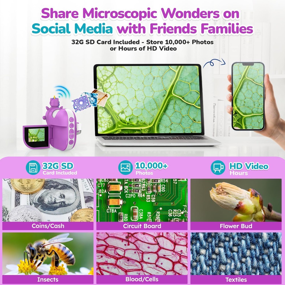 Digital Microscope for Kids Handheld Miniscope - 4K 2.0" Screen Violet