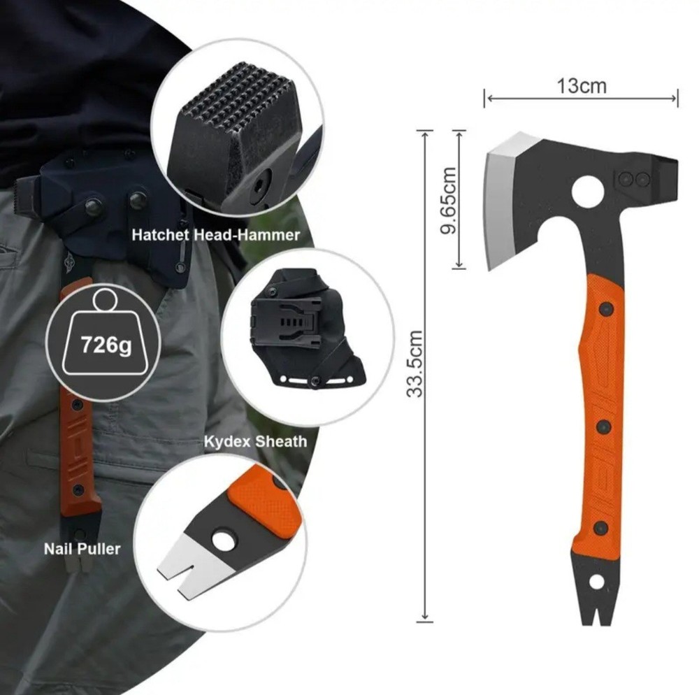 Multi Tool Camp Hatchet, Utility Survival Tool, Axe, Hammer, Crow Bar