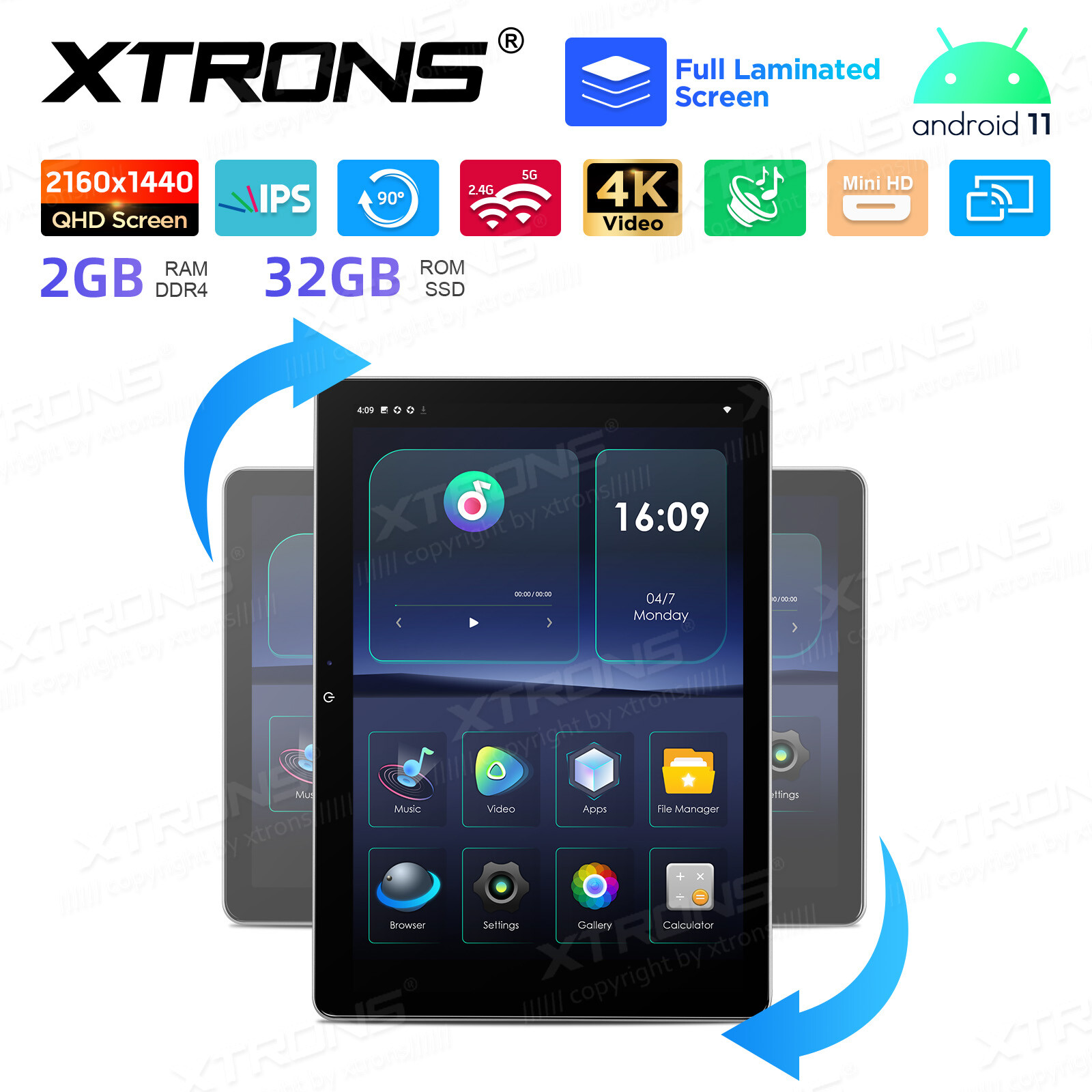 1x 12" 4K Video Android 11 2+32G Back Seat Car TV Headrest Monitor USB 4G Dongle