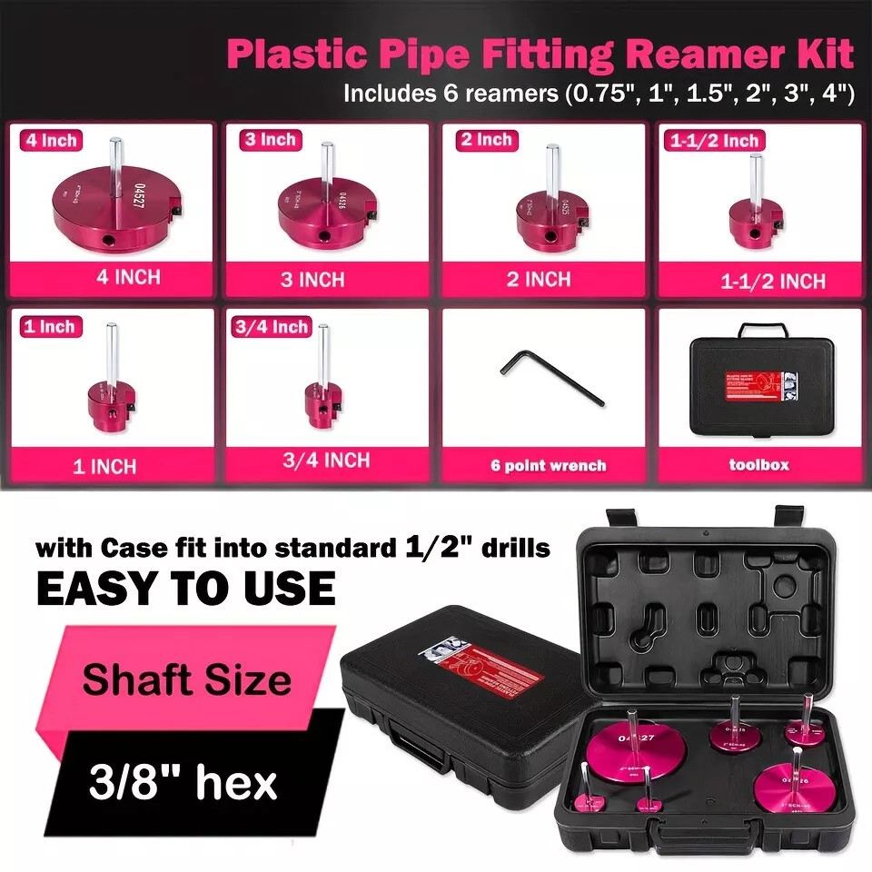 Complete Plastic Reamer Set PVC Pipe Fitting Reamer Kit Standard 1/2" Drills 6Pc
