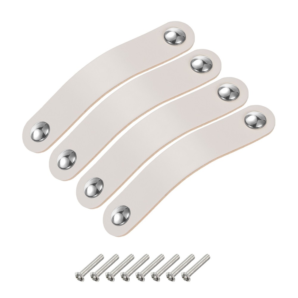 4 Packs Leather Drawer Pulls Double Hole Knobs, Cream/Silver(Hole Spacing:96mm)