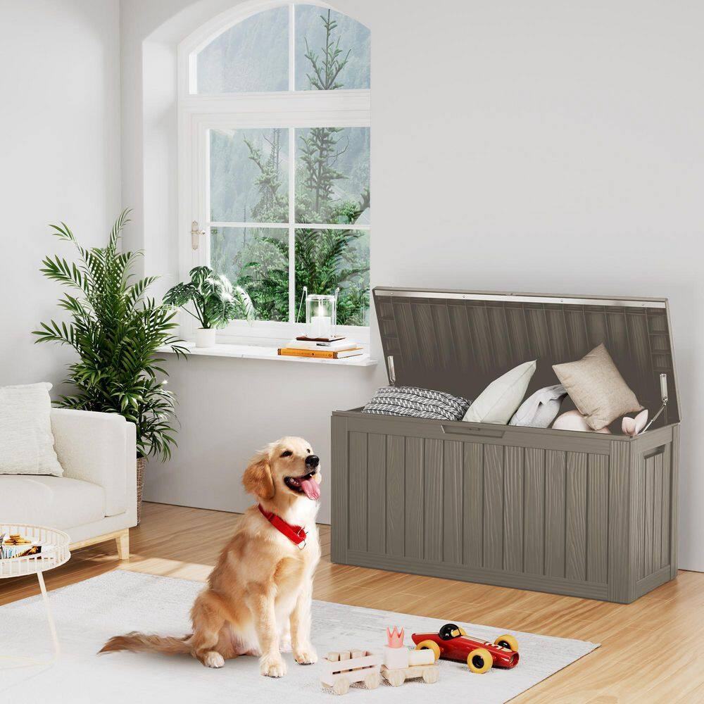 80 Gal. Light Brown Waterproof Resin Deck Box with Lid Rattan-Style Outdoor Stor