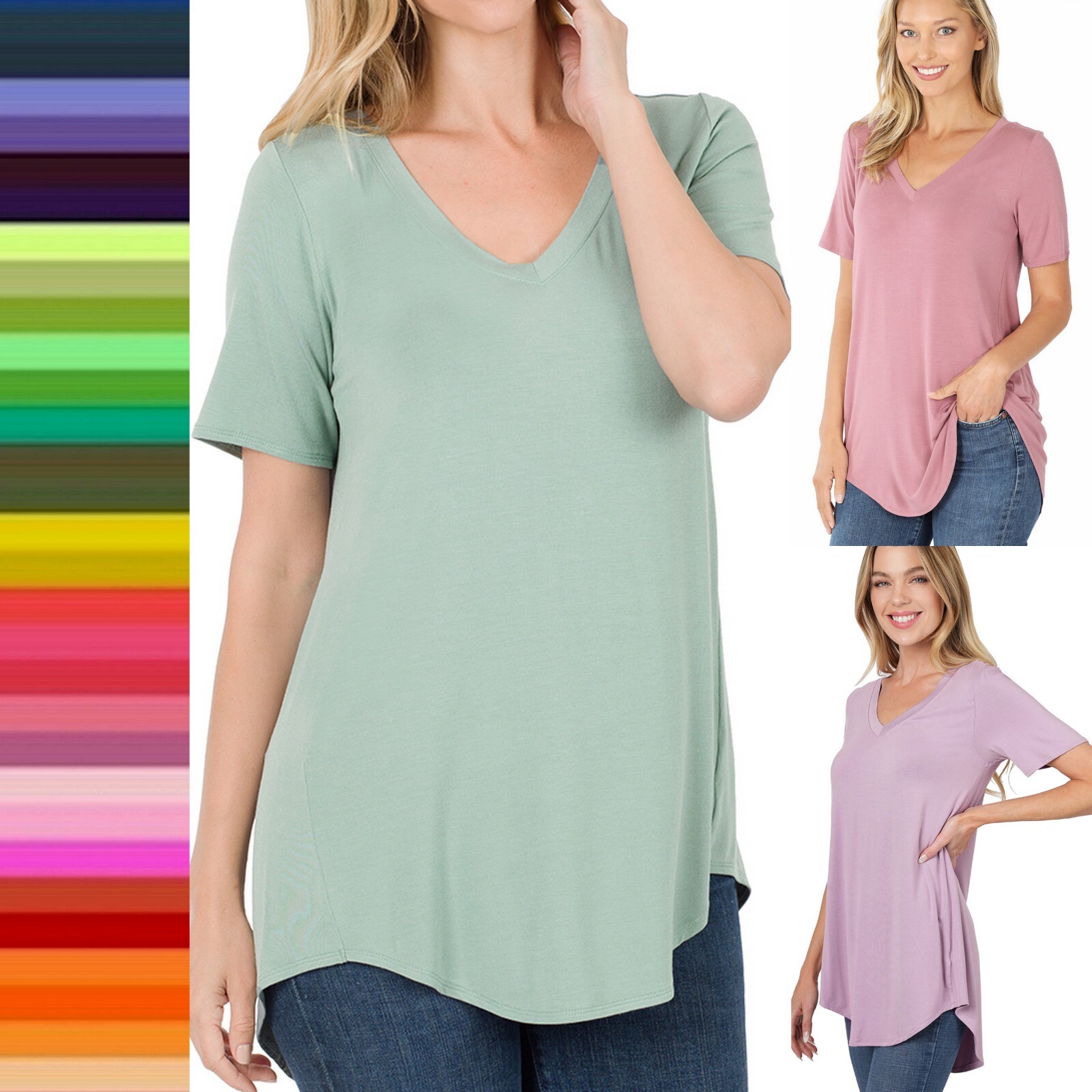 Women's Loose Fit V Neck Short Sleeve T-Shirt Long Blouse Basic Soft Tunic Top