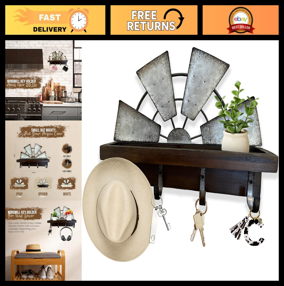 Rustic Windmill Key Holder Wall Mount - Decorative Mail Rack with Shelf & 4 Hook