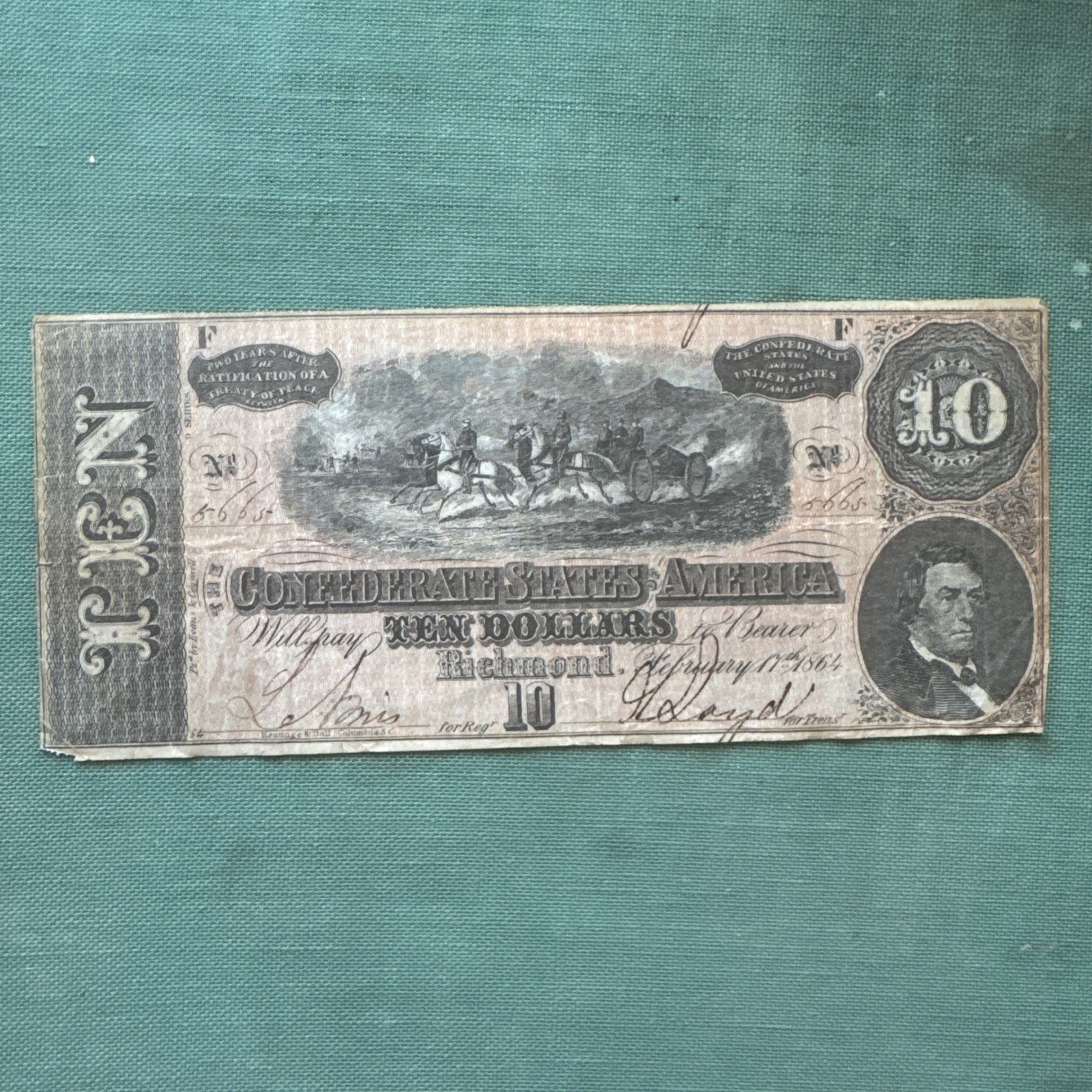 1864 Confederate States of America $10 Note