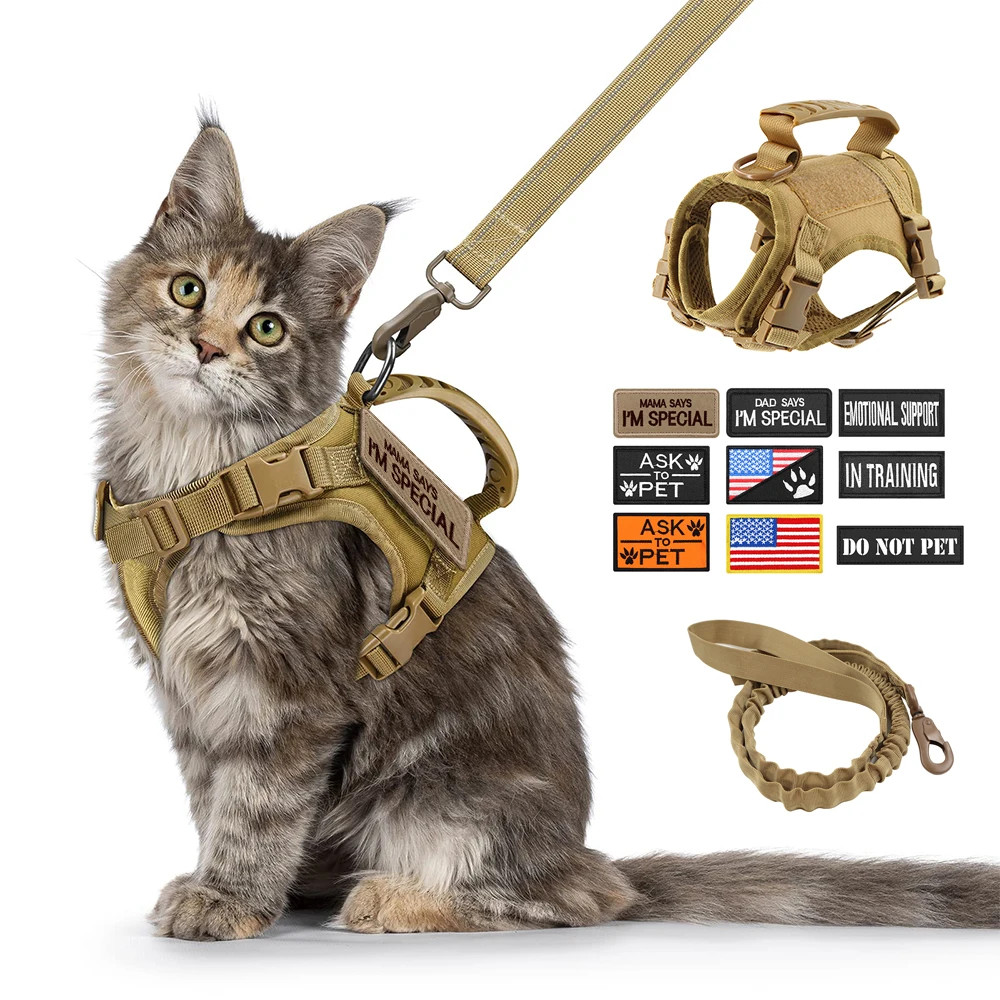 Tactical Cat Dog Harness Leash Vest w/ 9 Patches Adjustable Pet Training