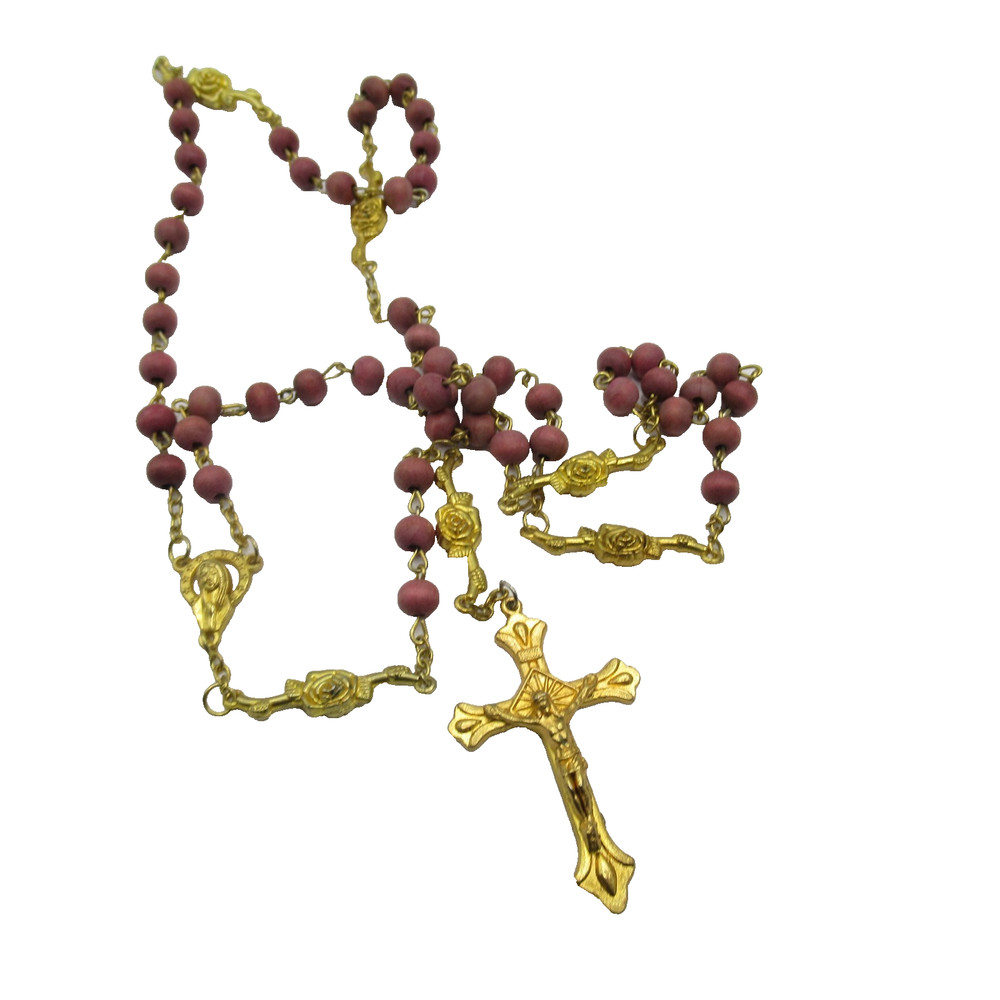 Mauve Beaded Rosary Cross Roses Vintage