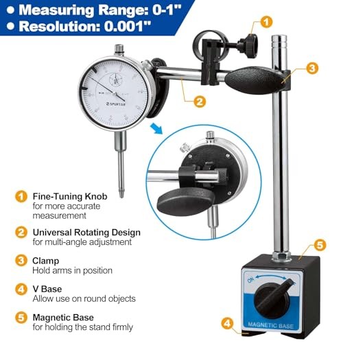 Dial Indicator with Magnetic Base 0-1'' Dial Test Indicator 0.001'' Precision